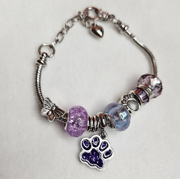 Purple Silver Beaded Silver Tone Animal Paw Glitter Charm Bracelet Clasp Closure - Picture 2 of 7